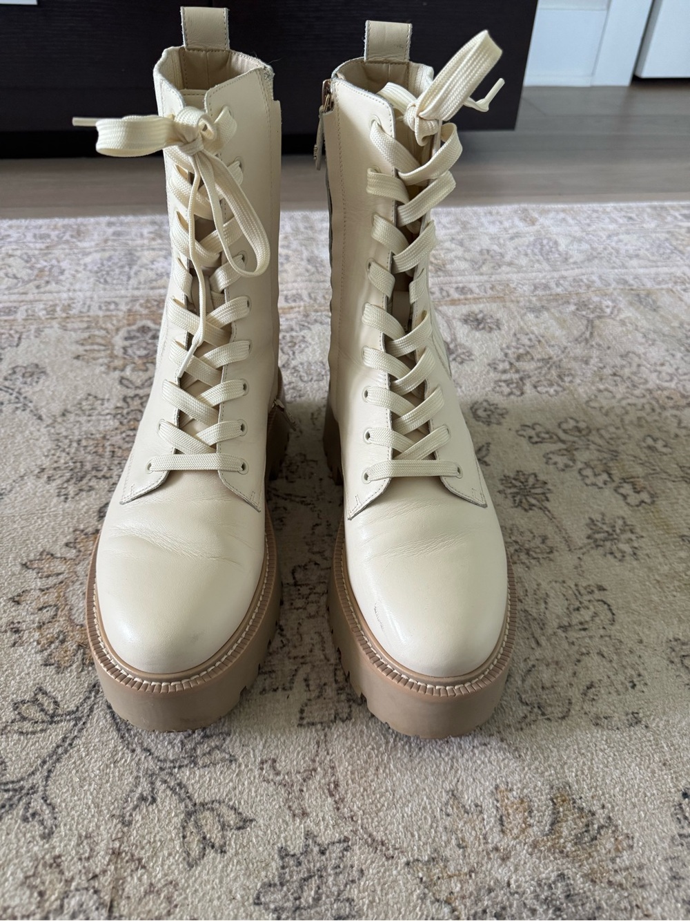 Sam Edelman Cream Lace-Up Platform Combat Boots